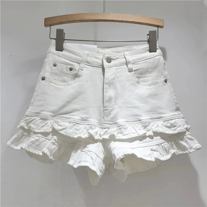 Denim Y2K Shorts Pants KoreaSweet Ruffled Women Summer Super Pretty Stretchy Versatile High Waist Slim Loose Wide Leg Pants New