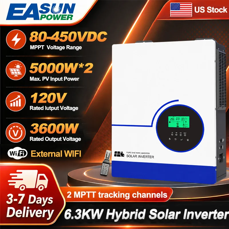 EASUN POWER 6300W Pure Sine Wave Hybrid Solar Inversor 48V 110V 120V Dual MPPT 120A Solar Charger High Frequency On Off Grid Hybrid Inverter Lithium Battery BMS Communication Battery-less Running Home PV System