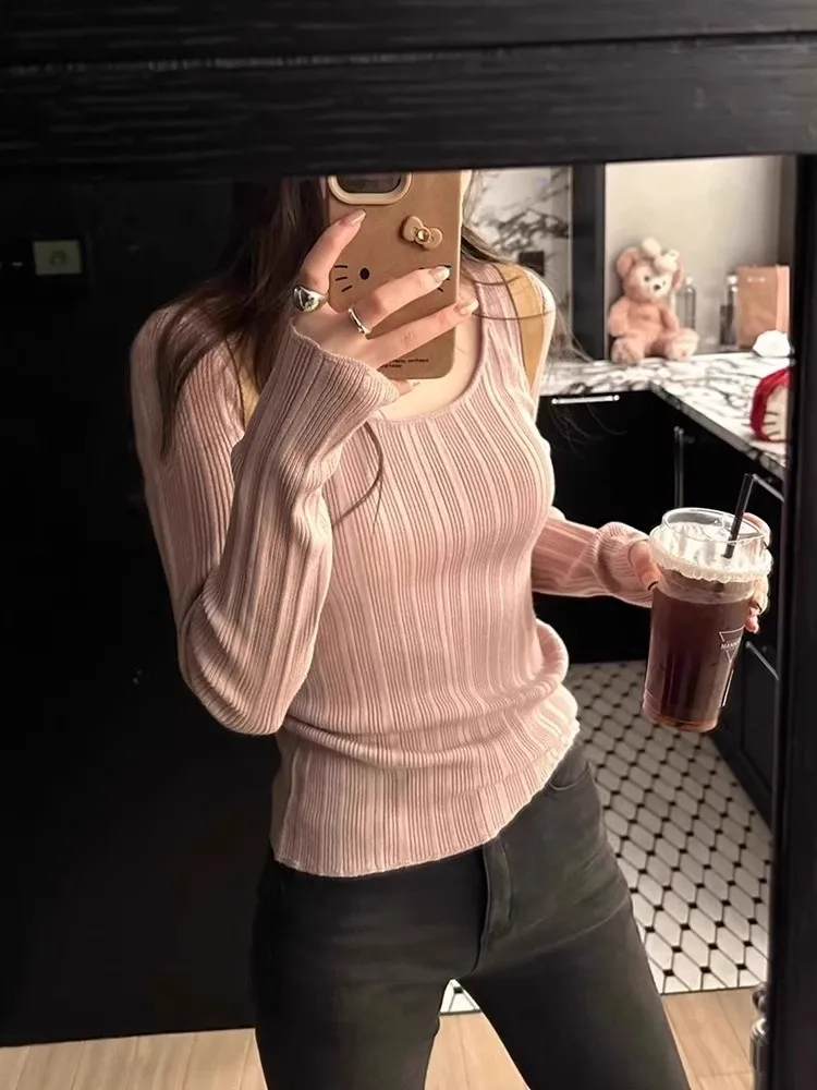 Korean Long Sleeved Round Neck Women's Pullover, Solid Color Soft Knit Slim Fit T-shirt, Fashionable Casual Base Shirt