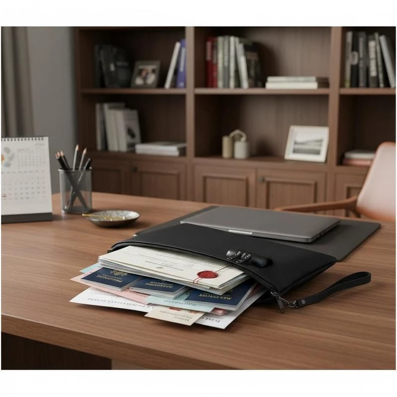 

Security File Pouch 14.2" x 10.6" x 4" For Home Office Travel, Combination Lock Large Capacity Double Layer Portable Storage Organizer Suitcase Handle Strap Legal Size Documents Passports Certificates Files Laptop Card Folders Money