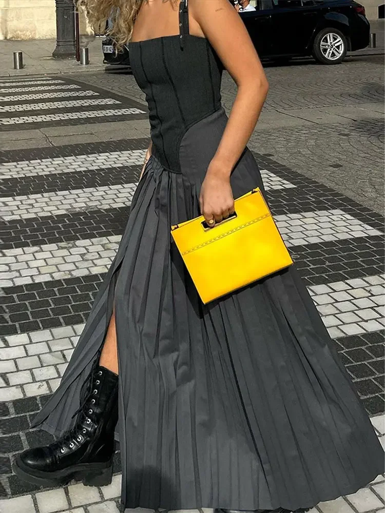 Sexy Elegant Sleeveless Pleated A-line Dress Fashion Casual Women\'s Solid Motorcycle Dresses 2023 Holiday Party Lady Street Wear