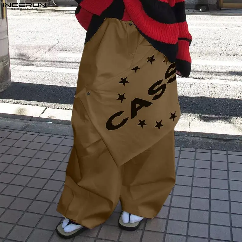 INCERUN الرجال السراويل الطباعة المرقعة زر ركض السراويل الرجال الشارع الشهير فضفاض موضة عادية الذكور السراويل الطويلة شخصية