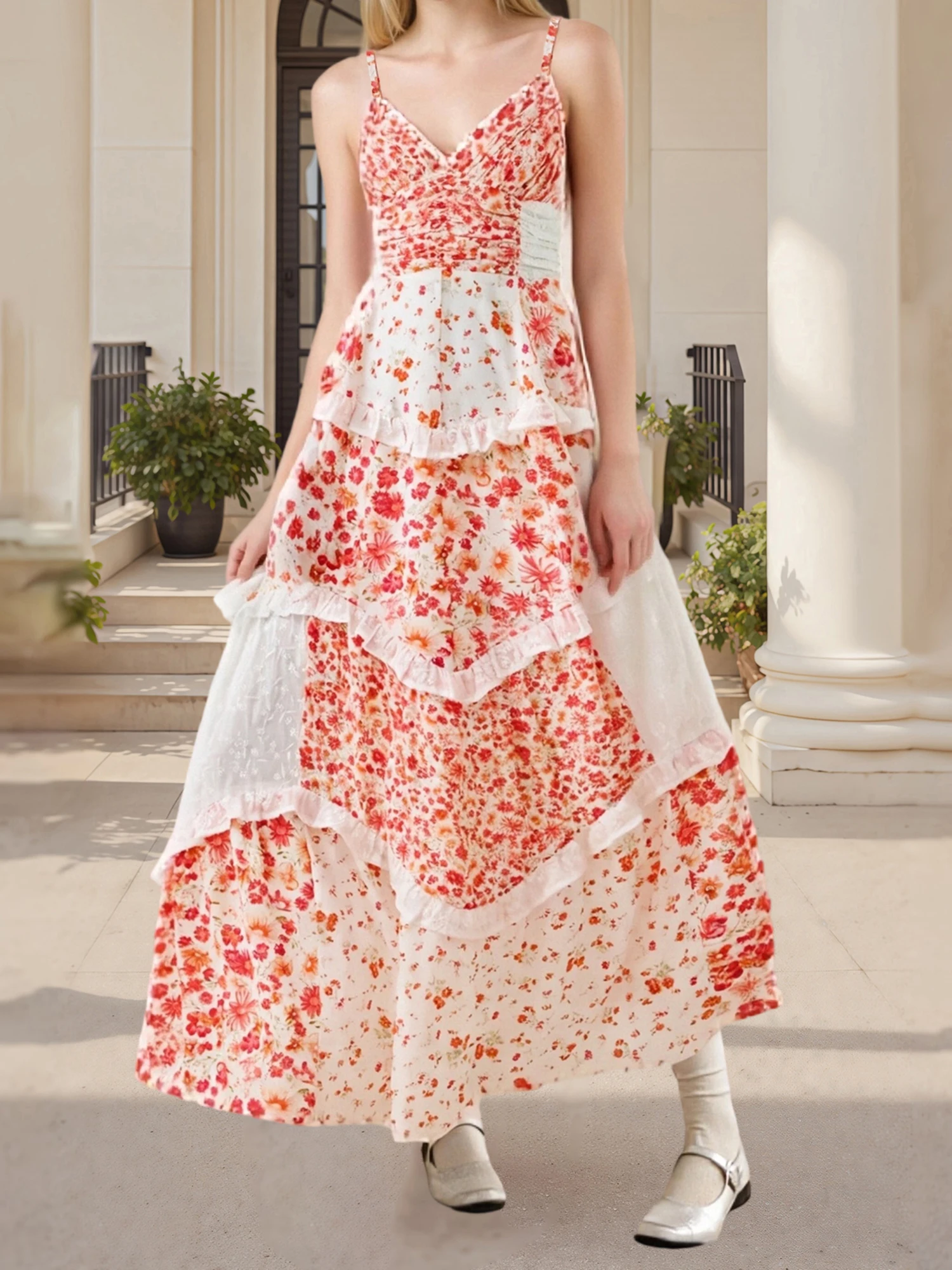 فستان نسائي طويل بوهو بطبعة زهور بدون أكمام ورقبة على شكل V مع ظهر مفتوح وحاشية متدفقة لحفلات الشاطئ الصيفية