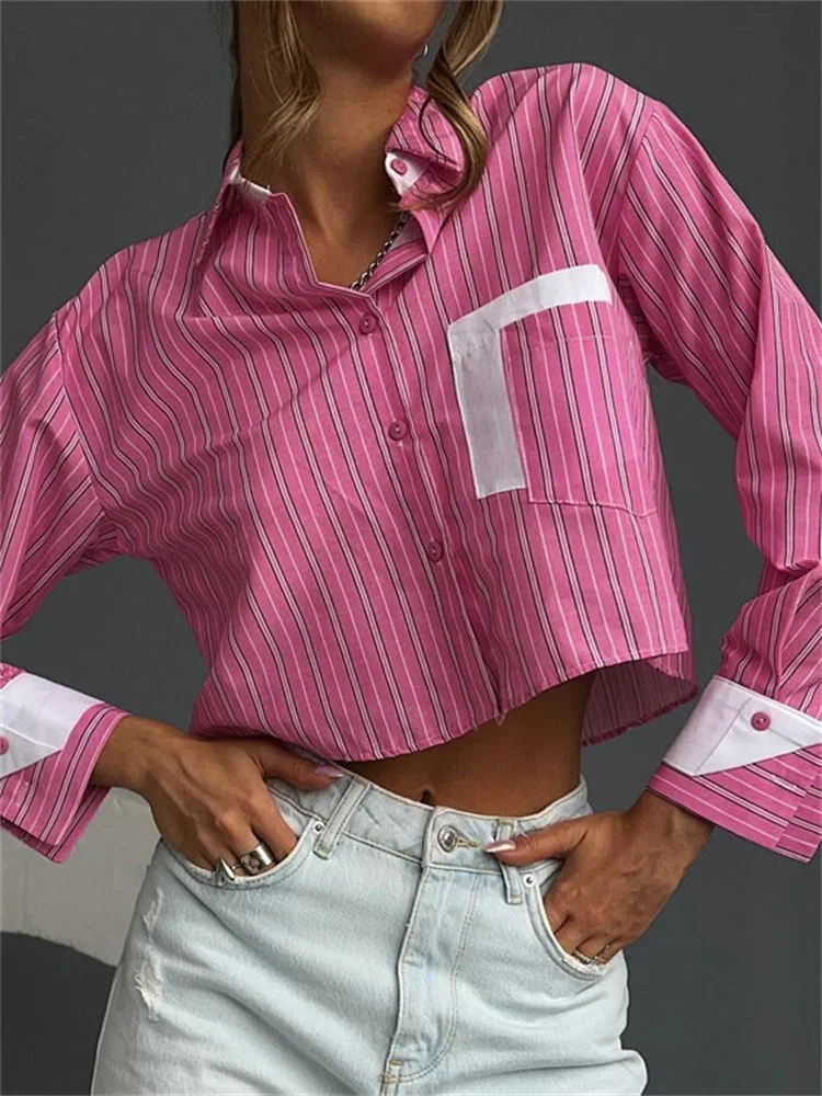 

Striped Casual Pocket Shirt Top Women's Long Sleeve Contrast Lapel Cropped Blazer Female Cardigan Summer 2025 Top Clothes