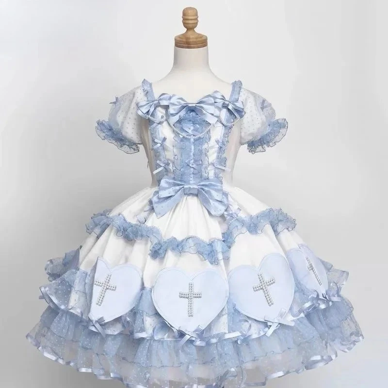 

Summer New Op Japanese Sweet Bow Lace Beaded Princess Dresses Lolita High Waist Slim Fit Bubble Short Sleeve Cake Dress