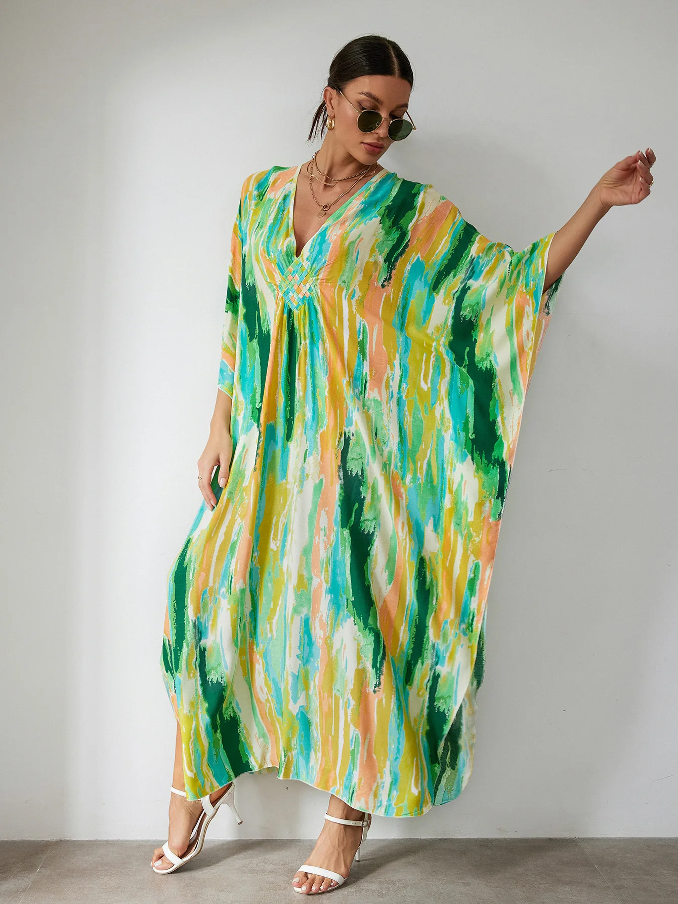 Plus Size Women's V-neck boho Print Beach Long Dress Loose Swimsuit Bikini Cover-up Holiday Robe Outfit Beachwear
