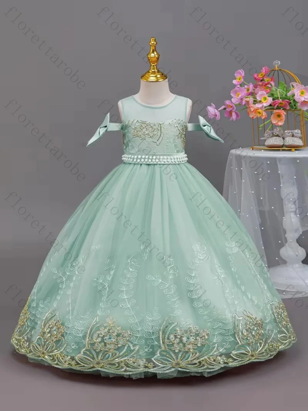 Customized Mint Green Tulle Flower Girl Dress Floor Length Ball Gown Round Neck Off Shoulder Bow Pearl Waist Embroidered Skirt