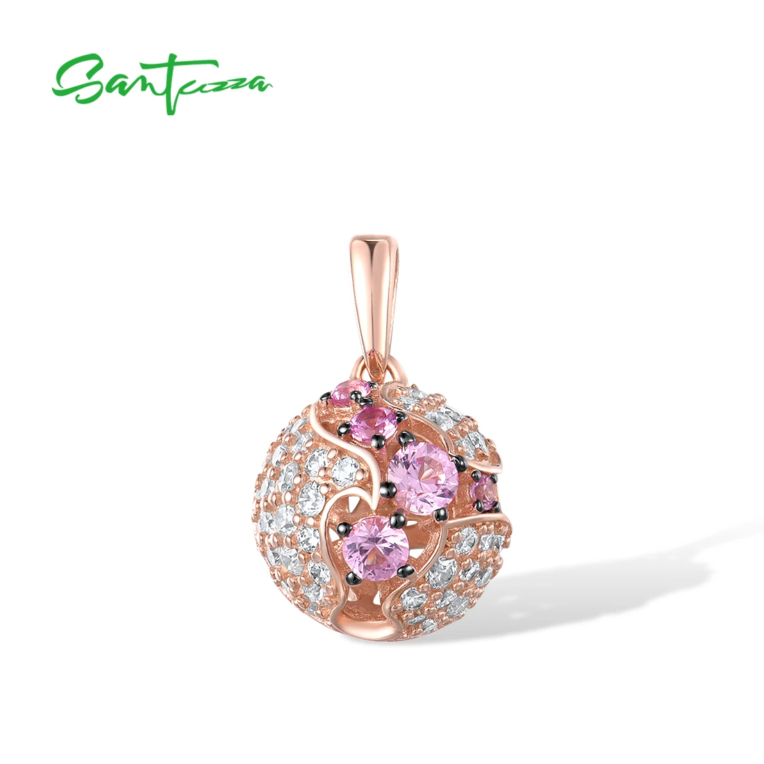 SANTUZZA Real 925 Sterling Silver Pendant For Women Shiny Created Pink Sapphire White CZ Ball Style Romantic Gifts Fine Jewelry