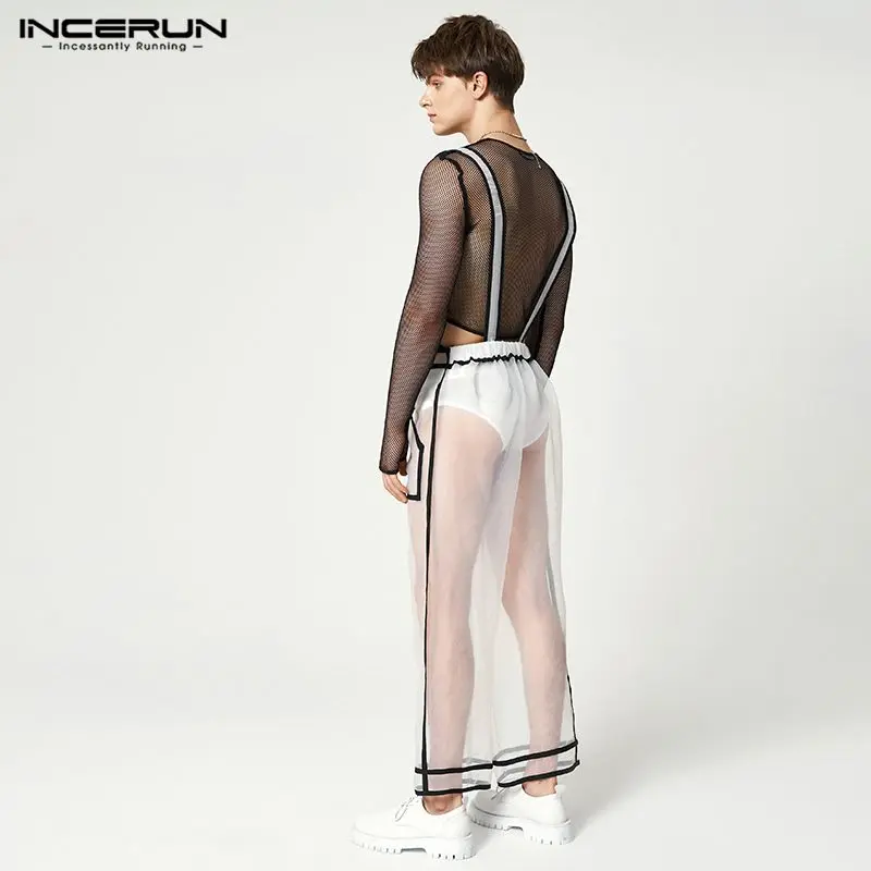 INCERUN Men Jumpsuits Mesh See Through Sexy Patchwork Pockets Sleeveless Straps Rompers Streetwear 2023 Fashion Men Overalls 5XL