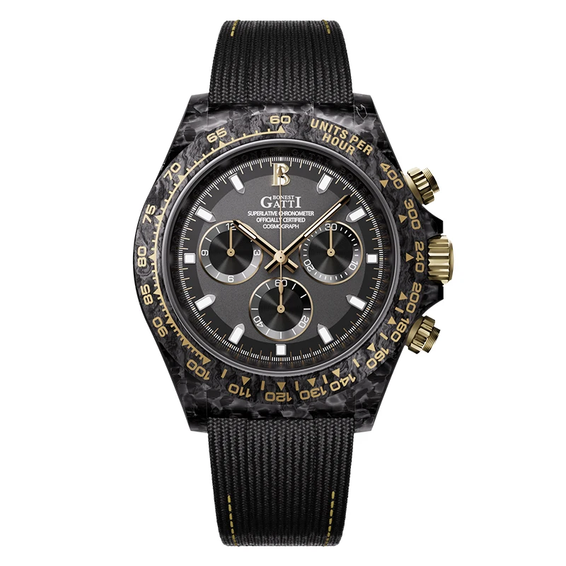 BONEST GATTI Men Chronograph Watch Sport 39mm Automatic Mechanical Wristwatch Carbon Fiber Case Luminou Sapphire Mirror