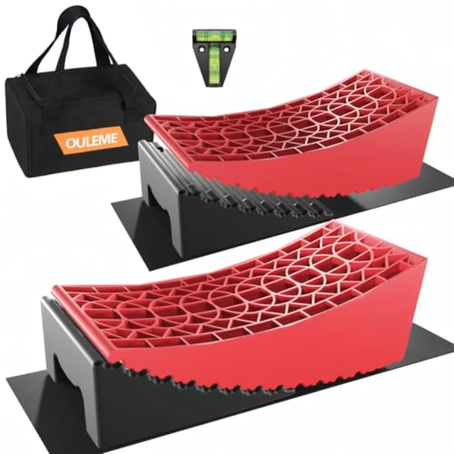 

RV Leveling Blocks, Camper Leveler System 2 Packs for Dual Axle Tandem Wheel Travel Trailer, Include 2 Curved Leveler Ramp, 2 C
