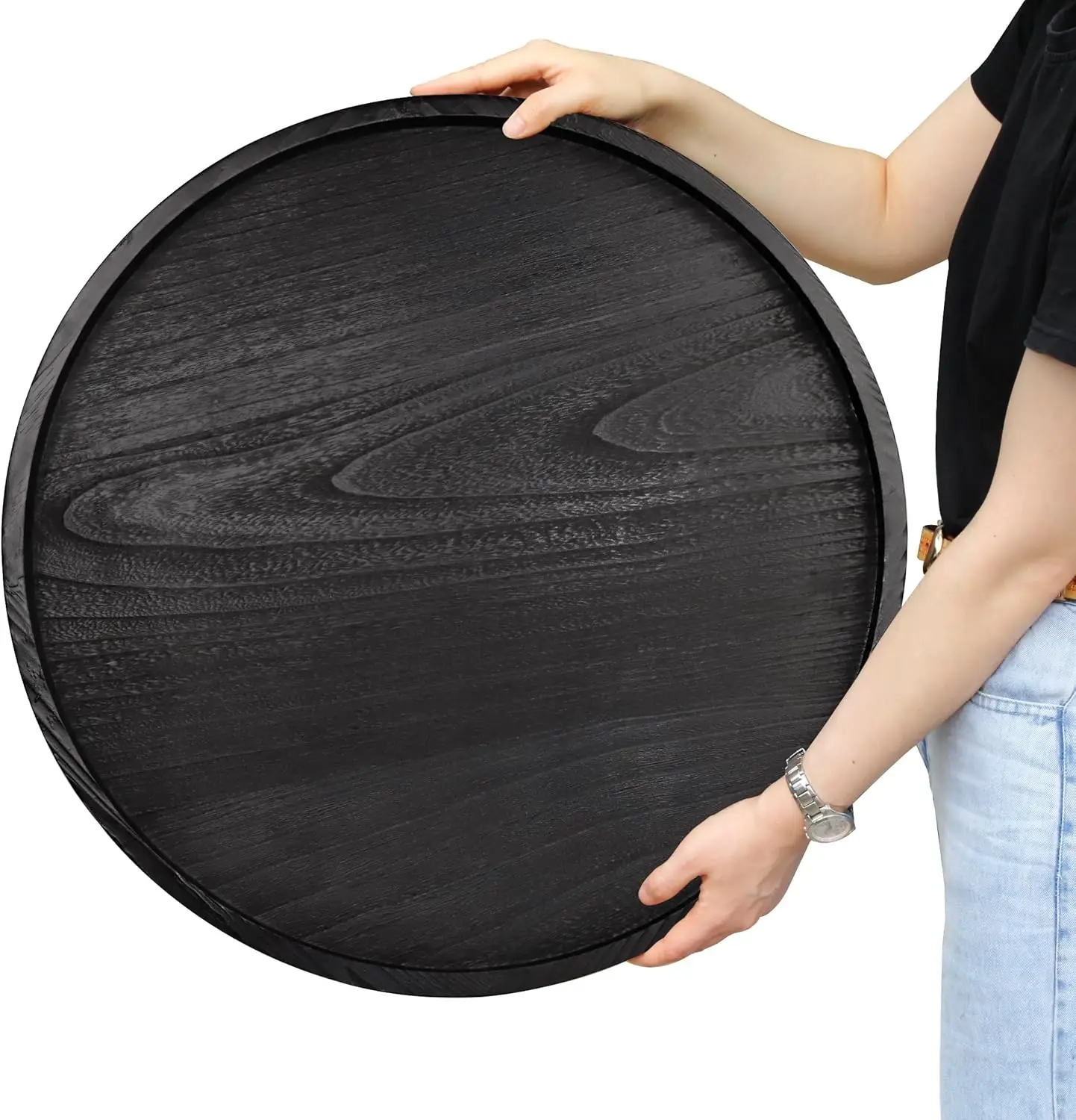 

Round Ottoman Table Tray Round-24 - Rustic Wooden Serving Tray For Farmhouse Decorative Oversized Coffee Table Trays Living
