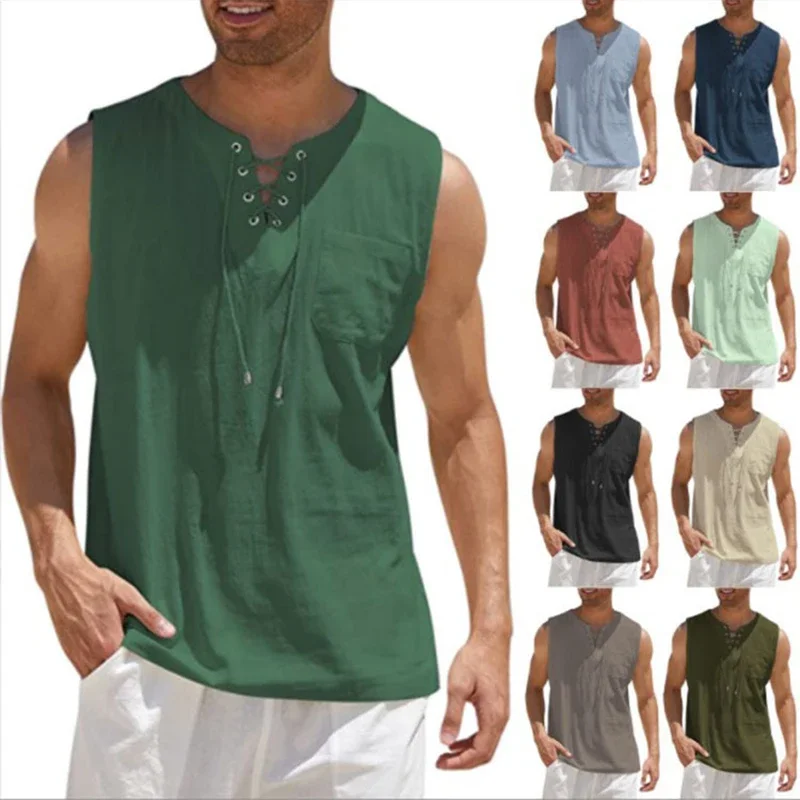 Men Summer Linen Tank Top Sleeveless T-Shirt Lace-up Design Solid Color Shirt Loose Fit Vest Daily Cotton Linen Vest Clothing
