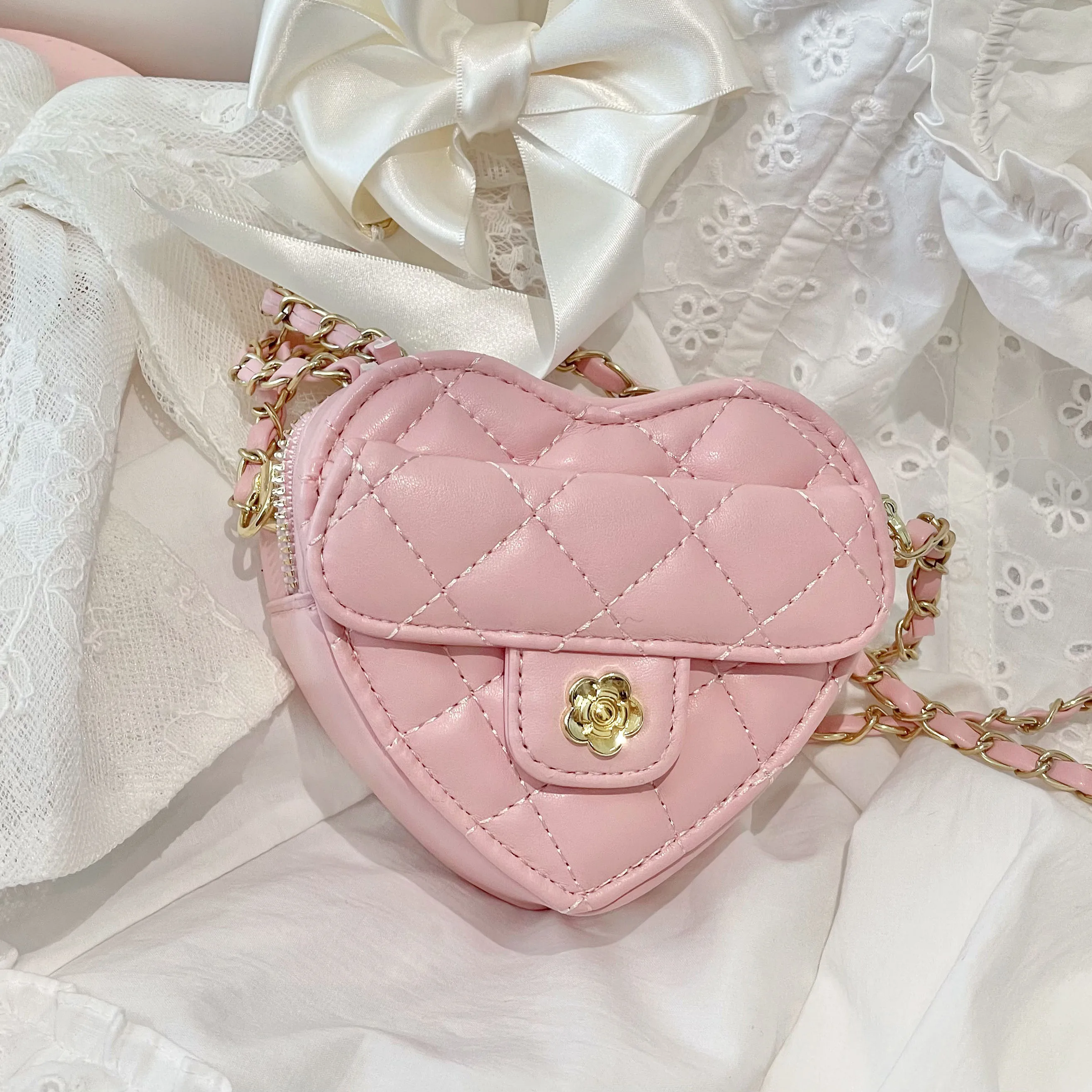 Japanese Style Diamond Checkered Heart Mini Shoulder Crossbody Bags girl Lolita Sweet Cute Fashion All-Match Women's Handbag