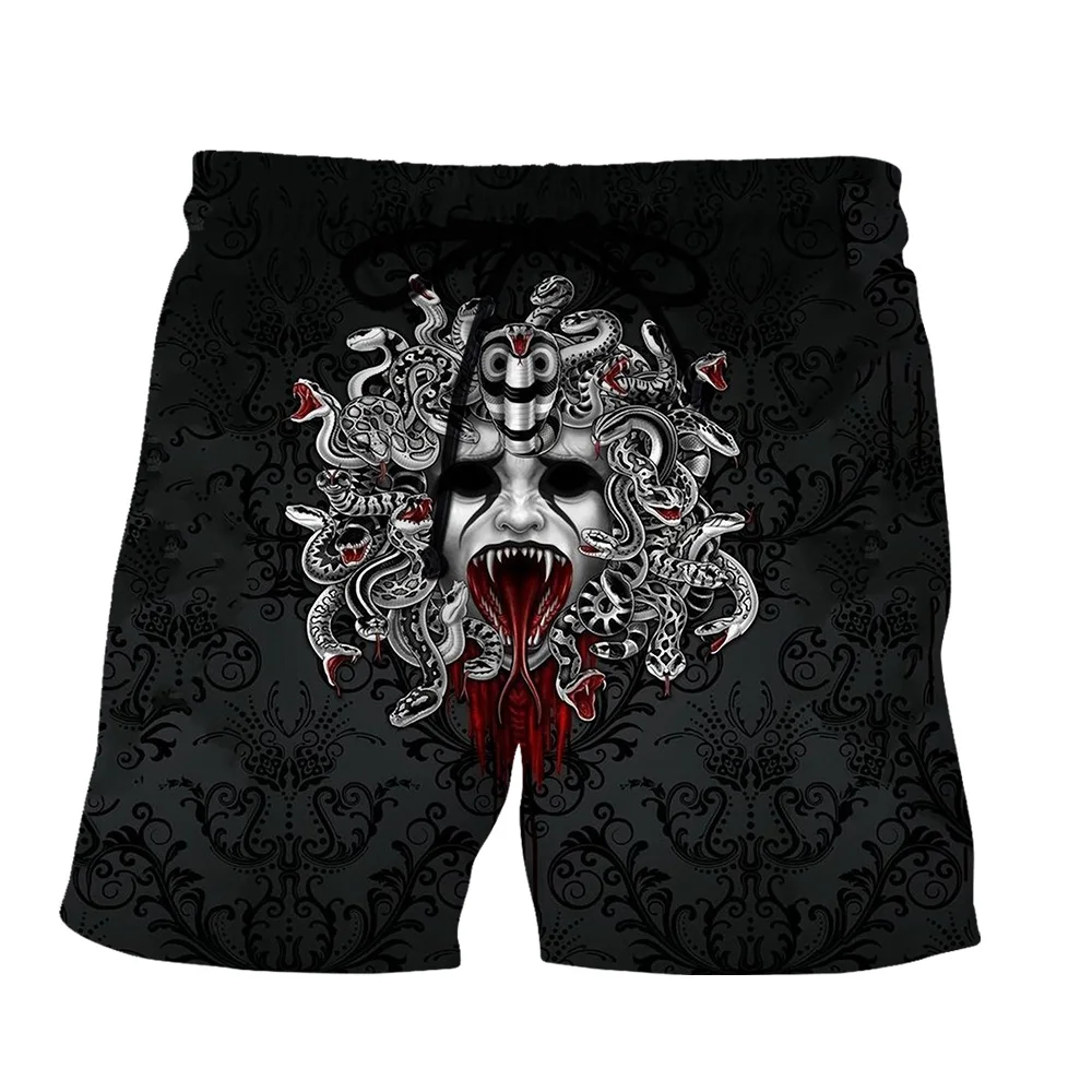 SONSPEE Black Horrible Bloody Medusa 3D Print Shorts Summer Vintage Snake Monster Clothing Men Women Beach Hip Hop Short Pants