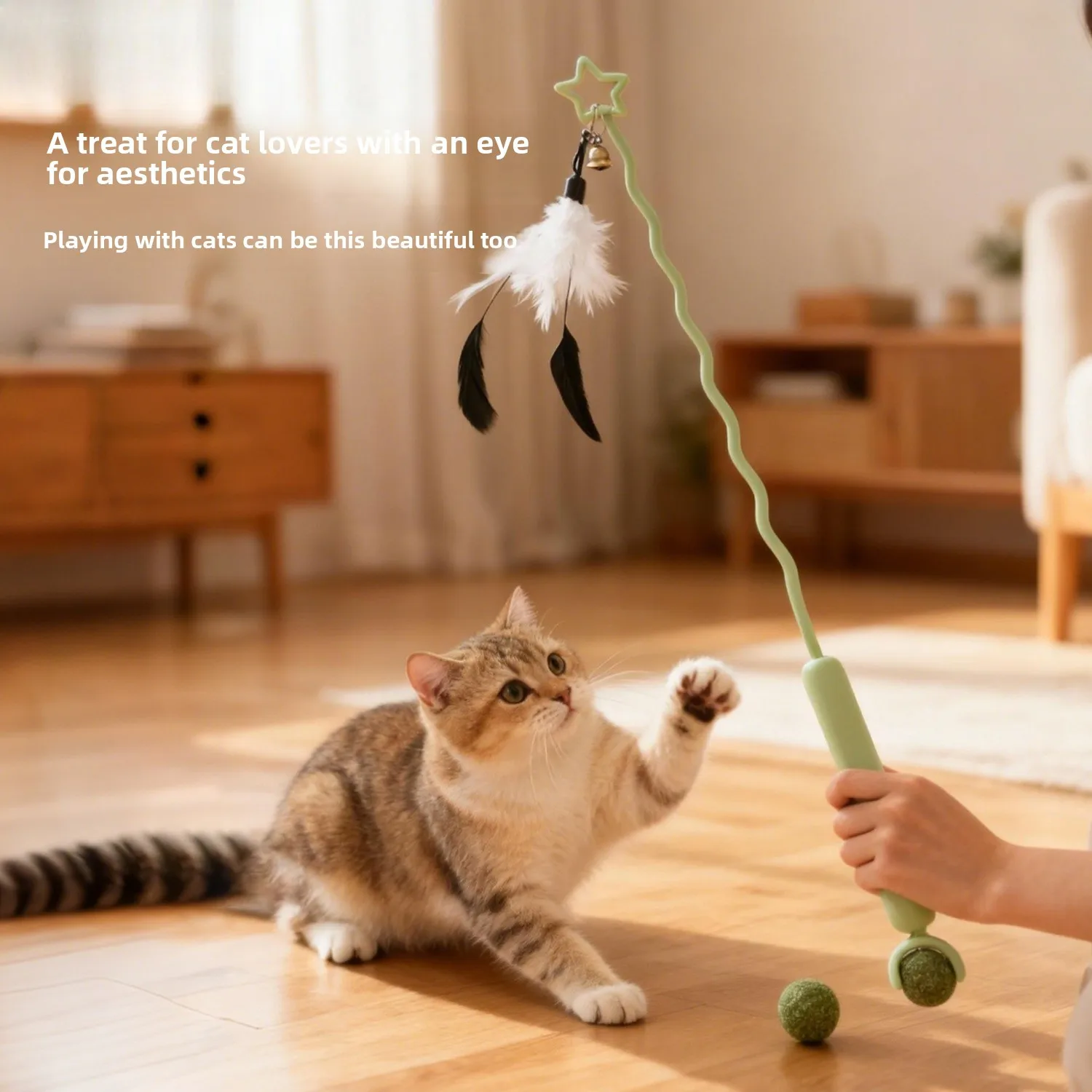Interactive Cat Teaser Wand withFeatherTassel, Long Rod, Bit