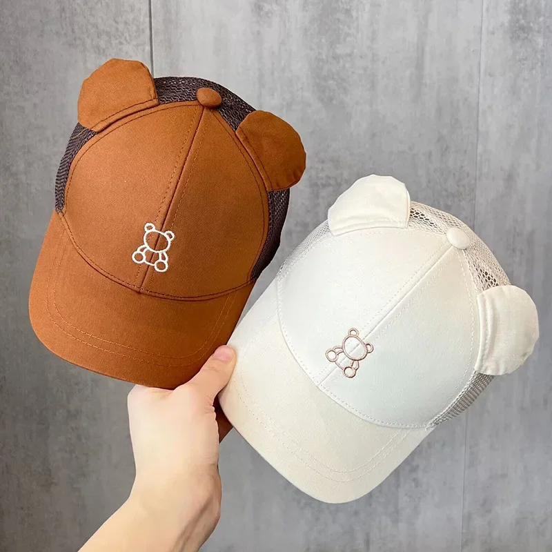 Fashio Mesh Baseball Cap for Baby Cartoon Bear Ear Kids Sun Hat Korean Outdoor Breathable Kid Boy Girl Summer Peaked Caps