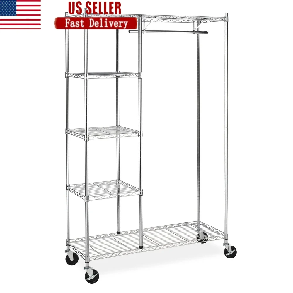 

Стойка для одежды на колесиках с 4 полками, сверхмощные металлические хромированные стопорные колеса, портативный органайзер для хранения одежды, чердака, гараж, офис