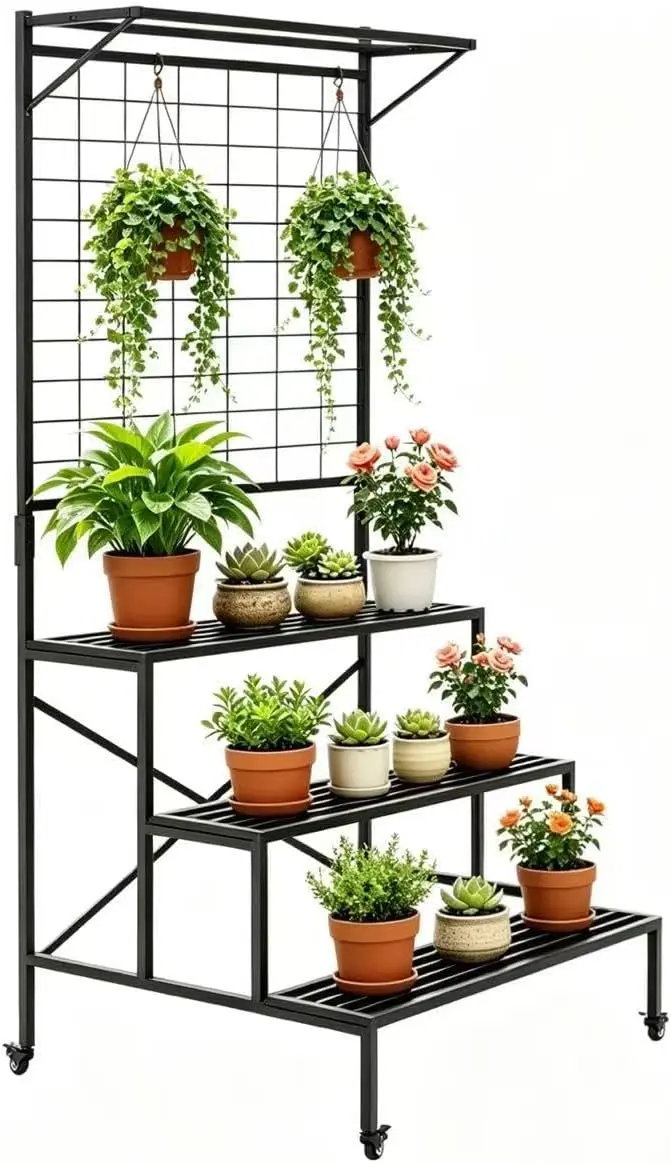 Three Tier Large Heavy Duty Rolling Plant Stand With Wheels, Tall Multi Layer Vertical Plant Holder Rack With Hanging Pot Display Shelf, Mobile Flower Container Shelving For Indoor Outdoor Patio Garden, Classic Black