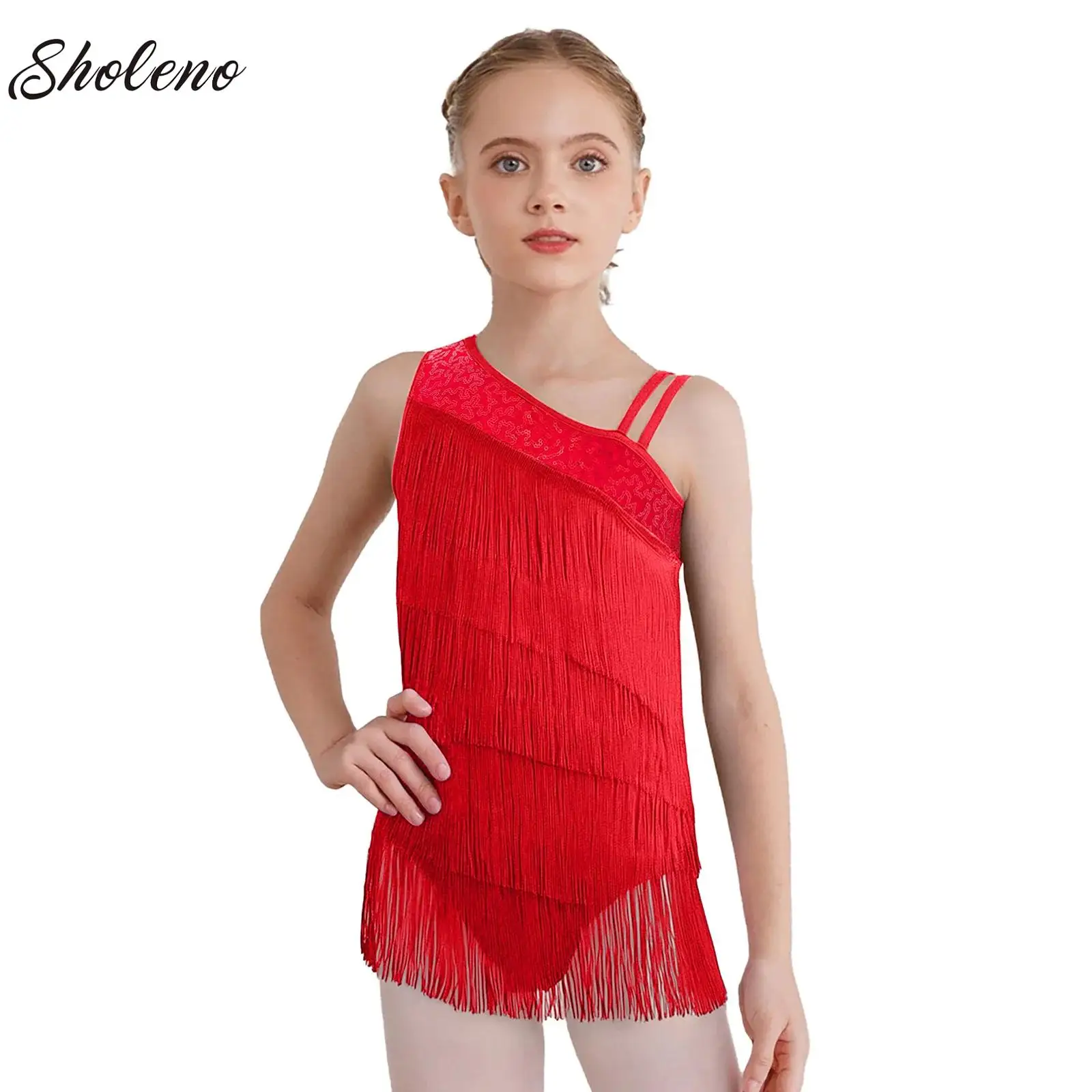 

Girls Tiered Tassels Latin Jazz Dance Dress Sleeveless Asymmetrical Figure Skating Ballet Leotards Stage Performance Costume