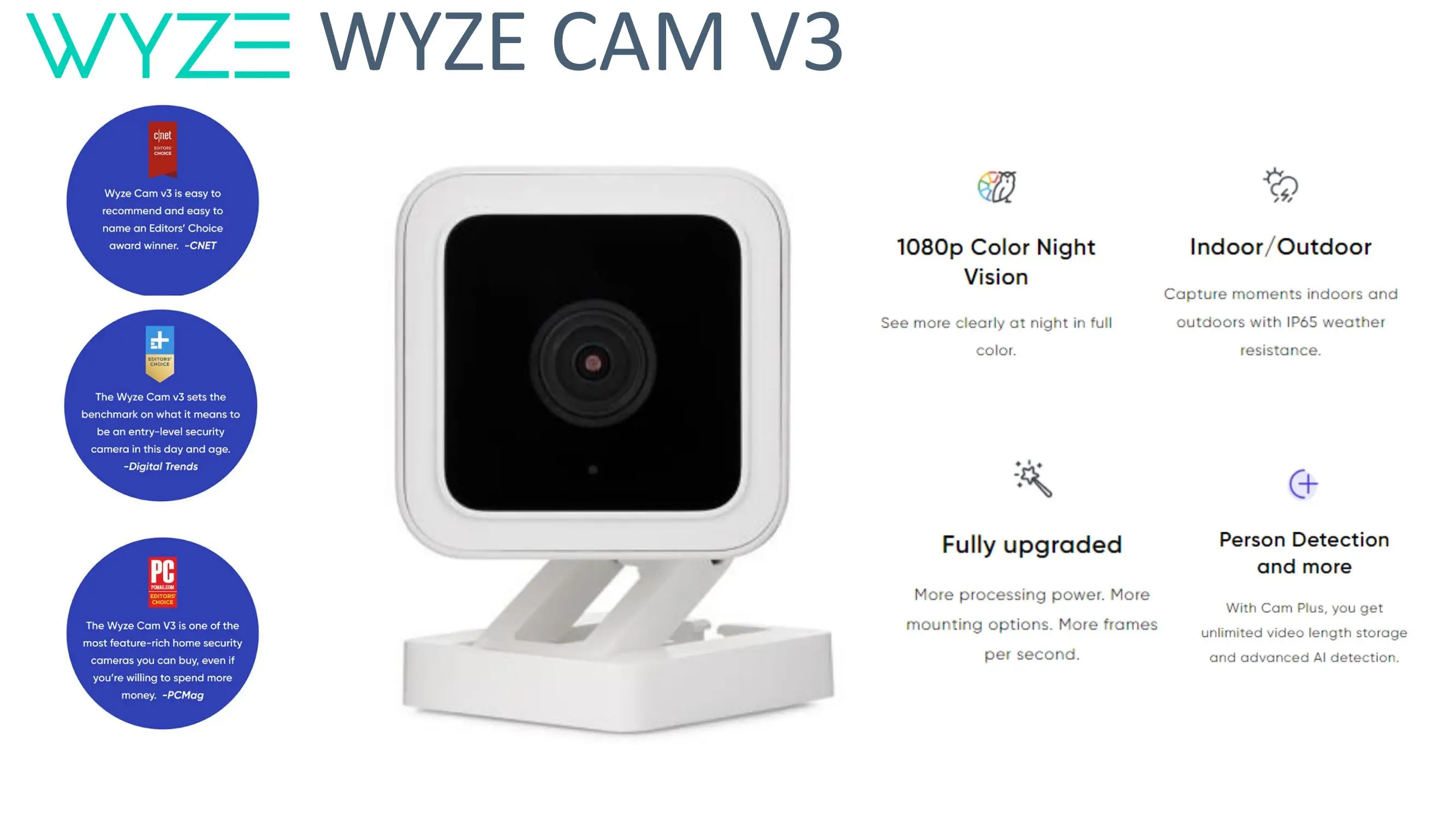 Wyze Cam v3 컬러 나이트 비전, 무선 1080p HD 실내 및 실외 비디오 카메라, 알렉사, 구글 어시스턴트로 작동