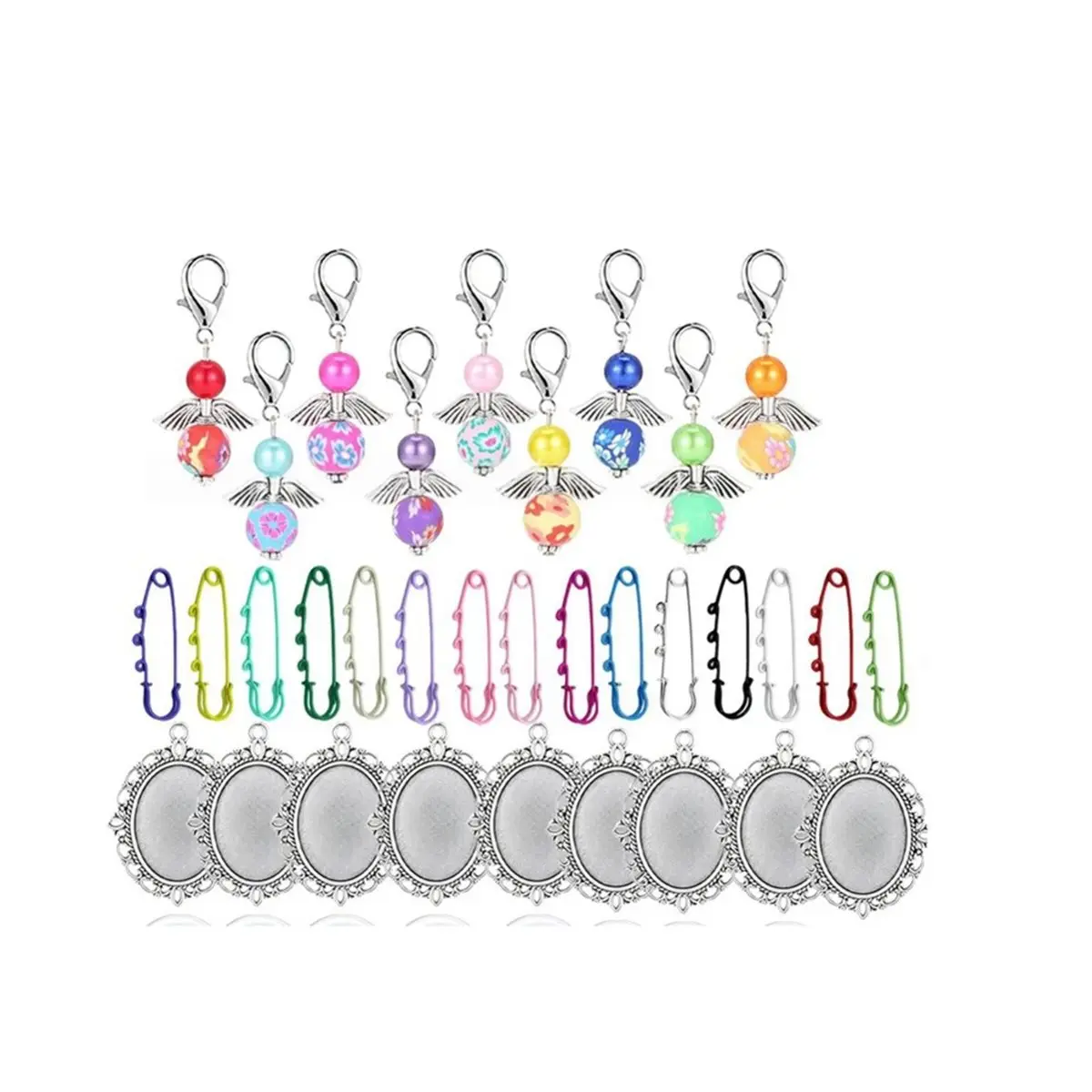 54Pcs DIY Jewelry Making Kit Angel Wing Charms Colorful Pins Oval Bezels Resin Cabochons Jump Rings Brooch Craft Set