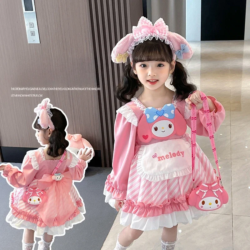 Miniso Kuromi My Melody Little Girl Cosplay Dresses Sohort Sleeve Girl Halloween Costume Princess Dress Kid Birthday Daily