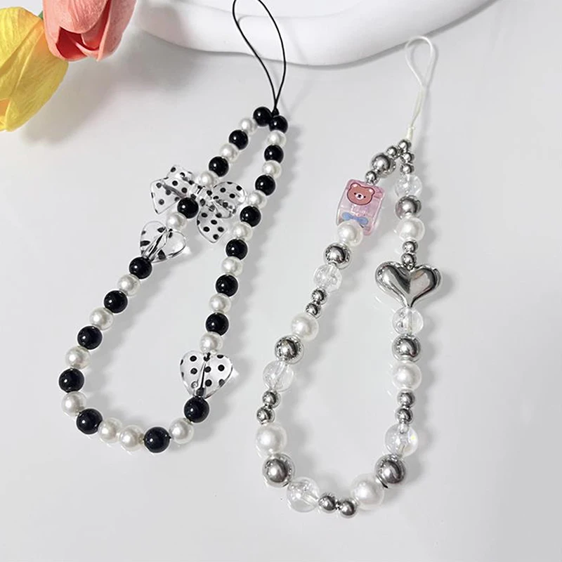 1 Pc Mobiele Telefoon Ketting Kralen Lanyard Hanger Schattige Girly Hart Dot Boog Liefde Sleutelhanger Tas Decoratie Geschenken