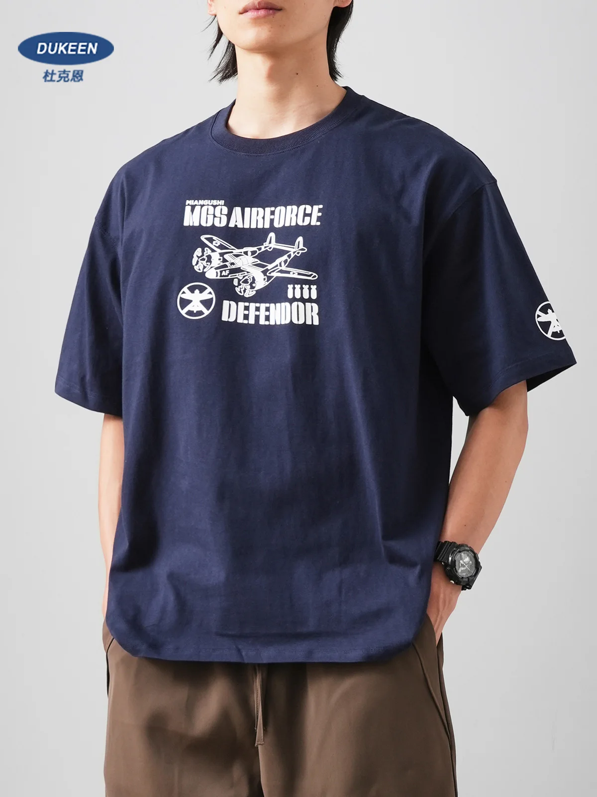 

DUKEEN 11.02oz Heavyweight Airforce Defendor Graphic T Shirts Summer 100% Cotton Short Sleeve Trend Printed Tops Oversized