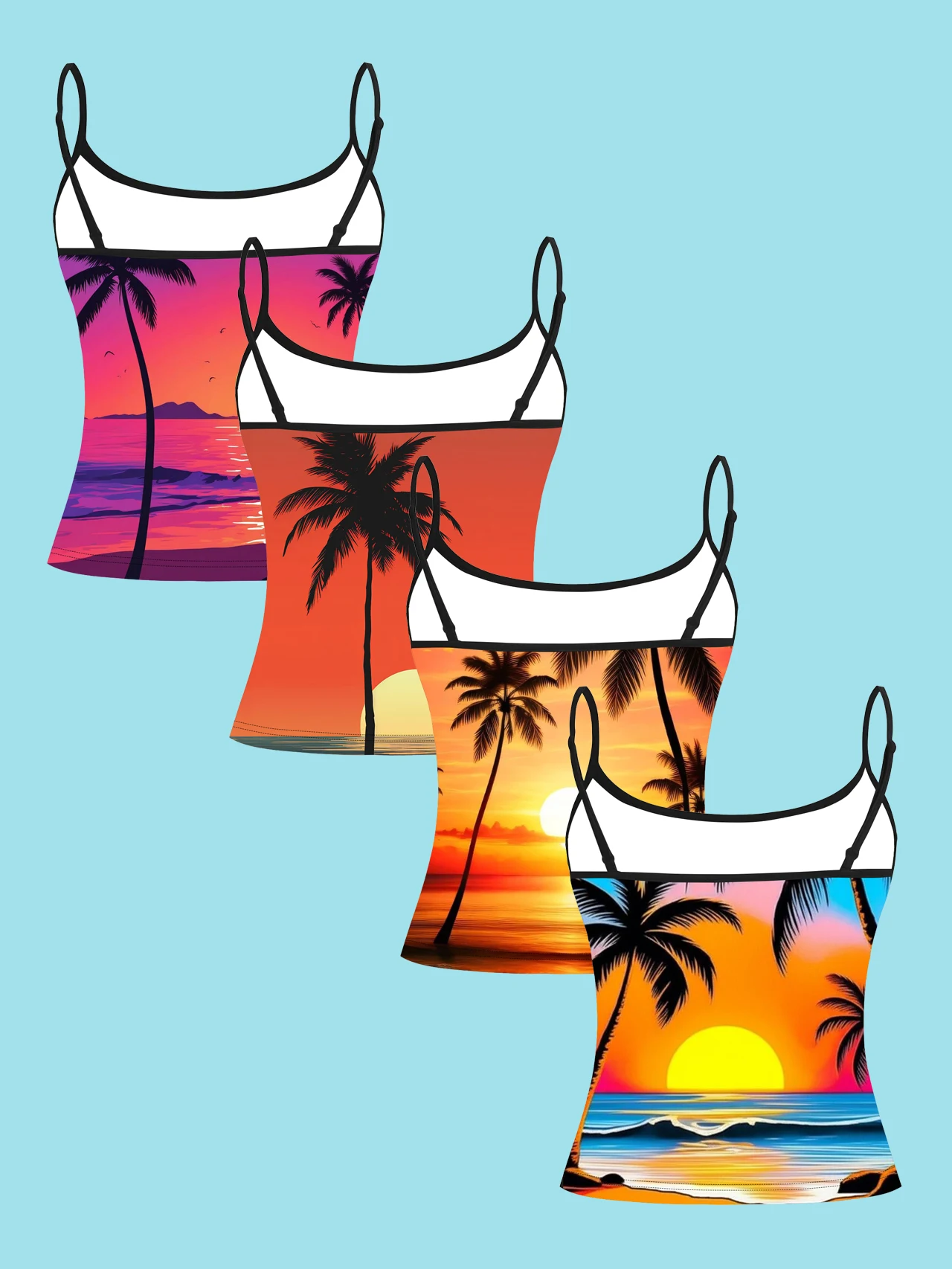 4-Piece Set of Island Sunset Coconut Tree Print Camisole Tops for Women, Retro Neon Seaside Sunset Slim-Fit Spaghetti Strap Tops