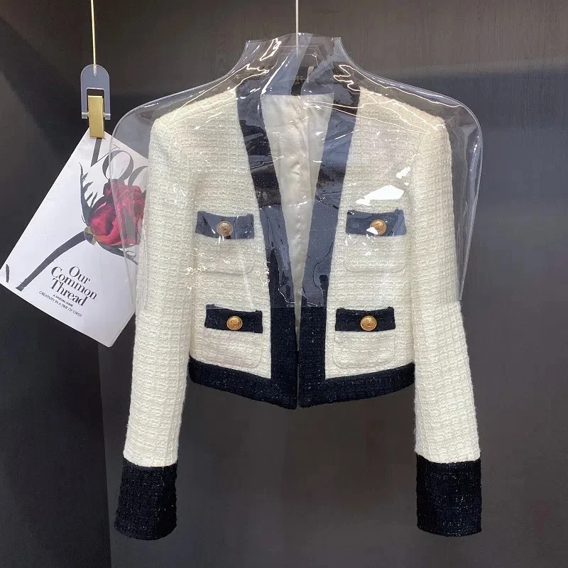 Autumn 2024 Women's Blocking Tweed Short Suit Coat V-Neck White Streetwear Elegant Casual Slim Outwear Crop Top