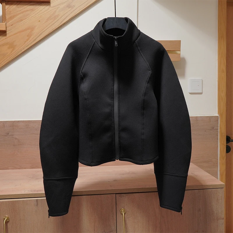 Schwarze Damen-Crop-Jacke mit Stehkragen, durchgehendem Reißverschluss, verstellbaren Manschetten und Reißverschluss, einfarbiger Mantel, 2026, lässig, für den Alltag, Herbst, Streetwear – Detail 1