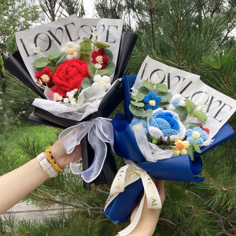 الانتهاء من محبوك روز عباد الشمس قرنفل الكروشيه اليدوية باقات عيد الحب عيد الأم هدية التخرج