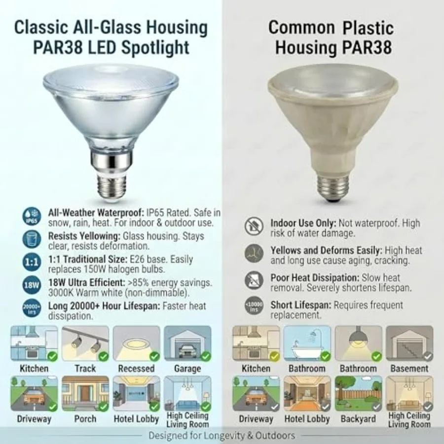 Glass Reflector PAR38 LED Bulbs, Warm White Light, 18W, Indoor/Outdoor Flood Light, Waterproof, 4-Pack, 150W Halogen Equivalent - view 4