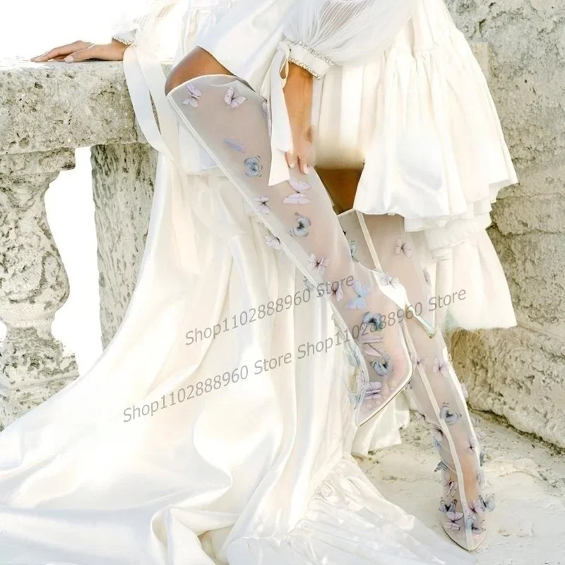 Genou haute blanc Air maille papillon décor bottes talons aiguilles femmes chaussures côté fermeture éclair bout pointu 2023 Zapatos Para Mujere