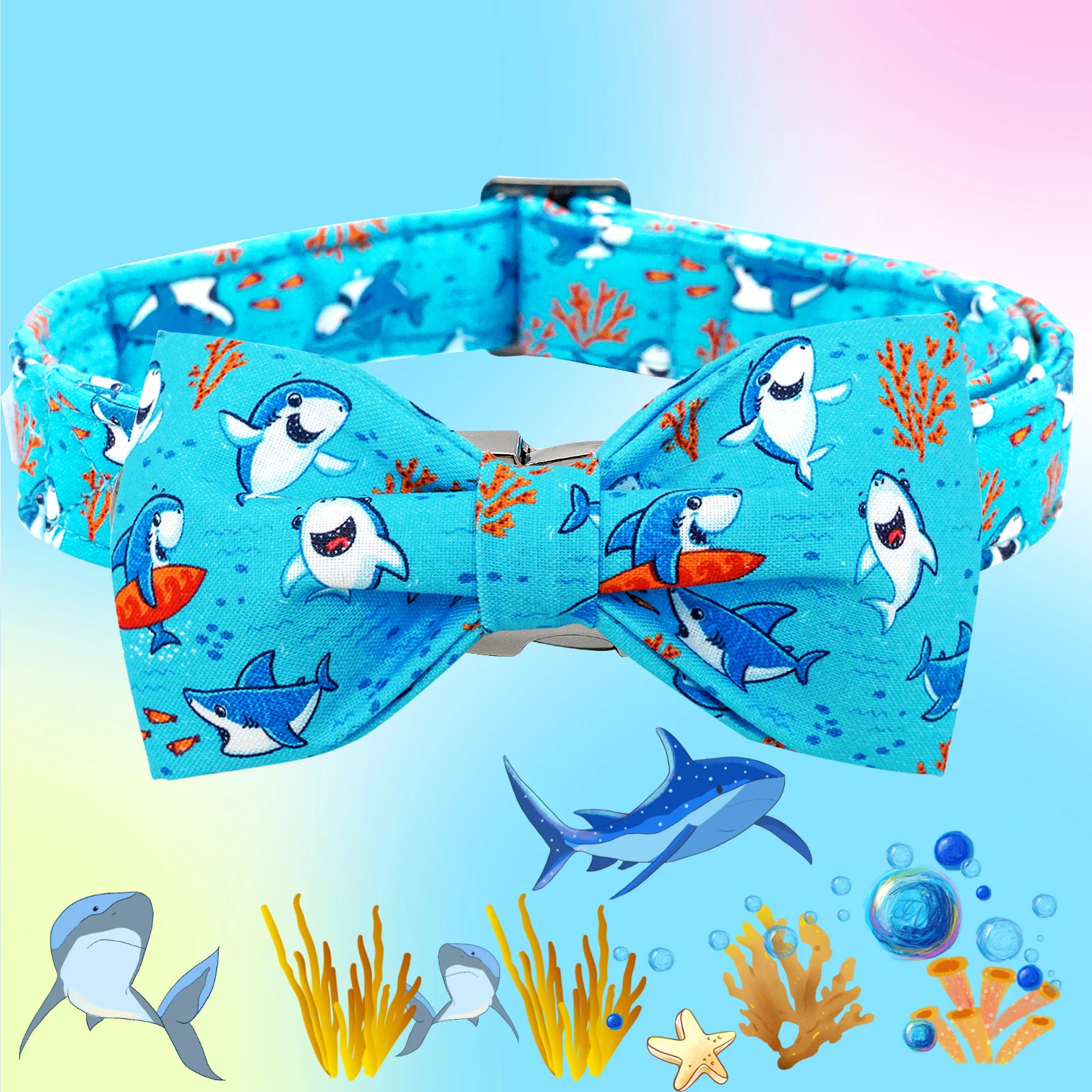 Shark Print Bowtie Dog Collar Boy Pet Collar Bow Tie Collar for Dogs Soft Durable Adjustable Dog Collars