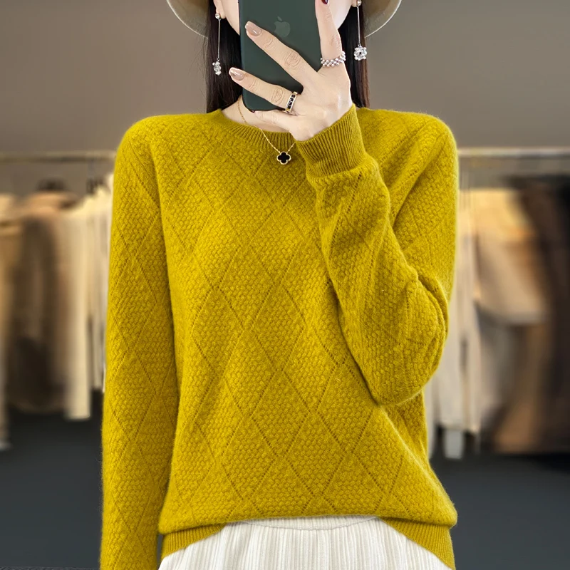 100% Merino Wool Autumn Winter Women\'s Jacquard Sweater Diamond Pattern Round Neck Pullover New Ladies Knitted All-Match Top