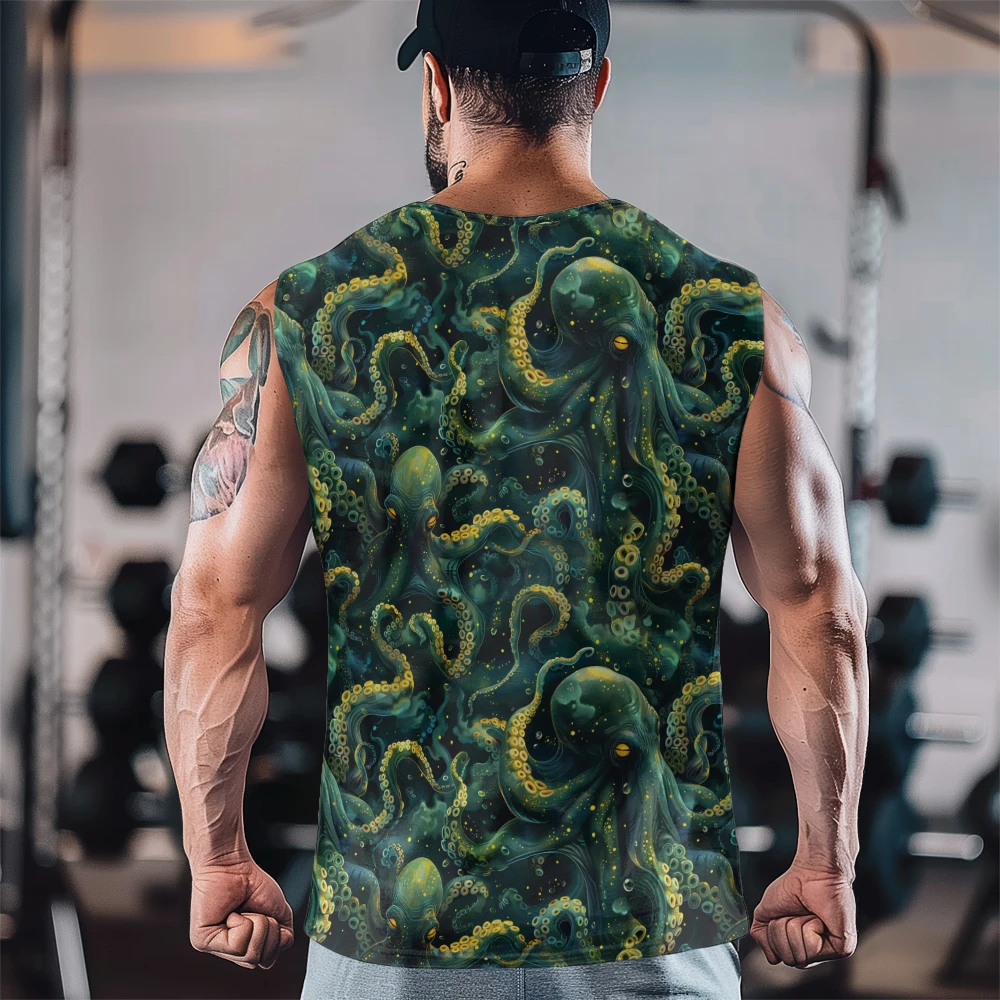 Deep-sea Dark Green Octopus Print Gym Casual Tank Top Sleeveless Thin Train Vest Youth Men's Sports Fitness Vest