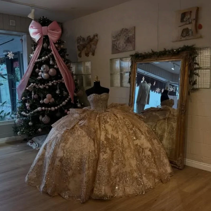 

Shiny Champagne Gold Quinceanera Dress Crystal Glitter Lace layering Decal Bow Long tail Vestidos De 15 Quinceanera ﻿Customize