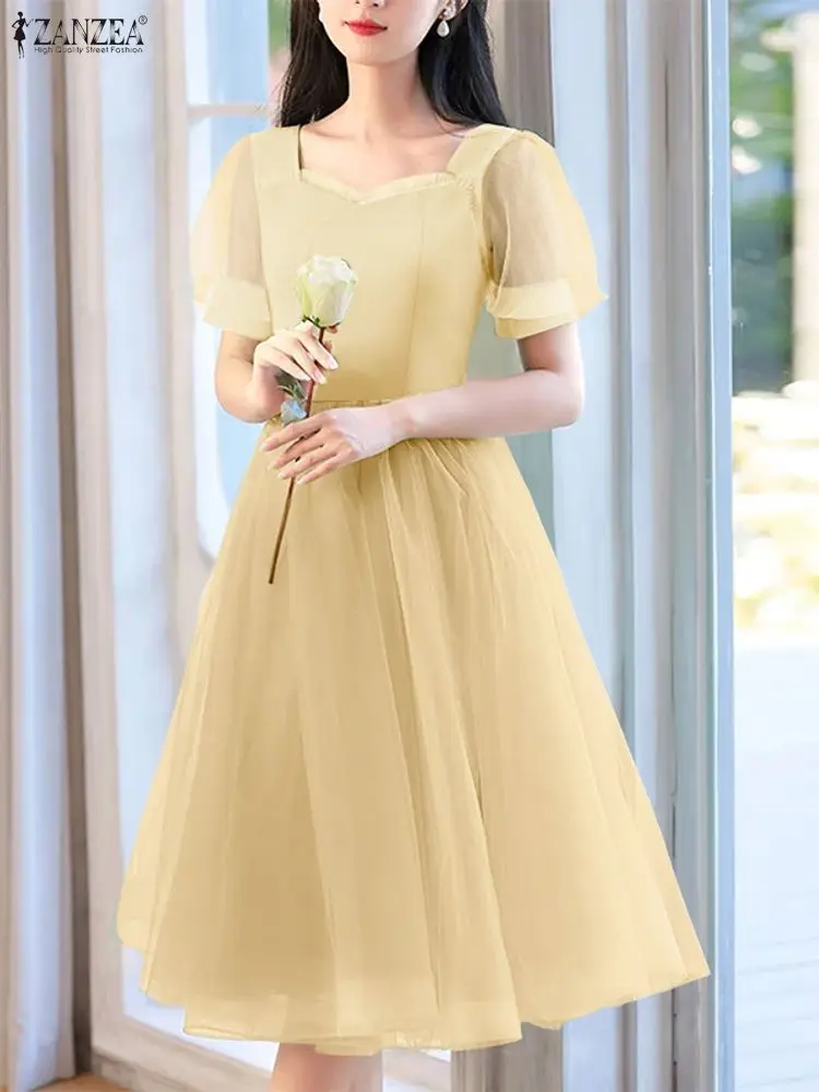 ZANZEA-vestidos Midi elegantes de malla con retales para mujer, vestido de fiesta de noche con cuello en forma de corazón y manga corta abombada, 3 colores, S-3XL