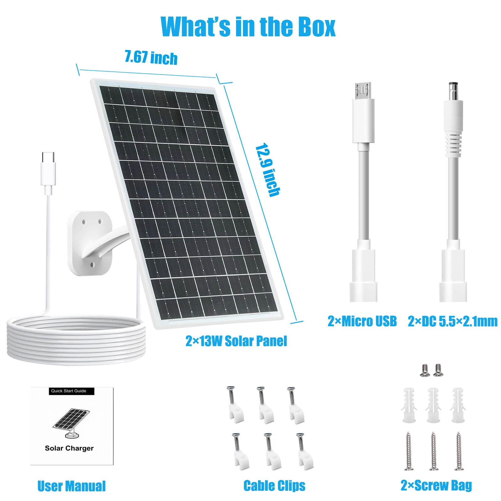 13W Solar Panel for Security Camera 5V Type C Micro USB DC 5.5 Outdoor Rechargeable Battery IP66 Waterproof Charger