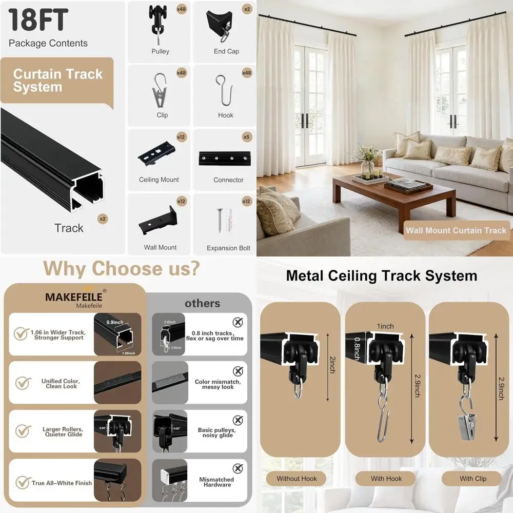 

Heavy-Duty Wall-Mounted Sliding Curtain Track System for Rooms, Showers, Outdoors - Black, 15-18ft