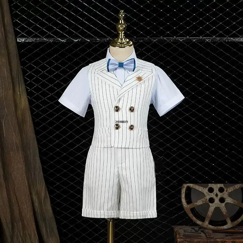 School Boys Summer Clothing Set Kids Vest  Shirt  Shorts Bowtie Wedding Birthday Dress Children Piano Dance Performance Costume