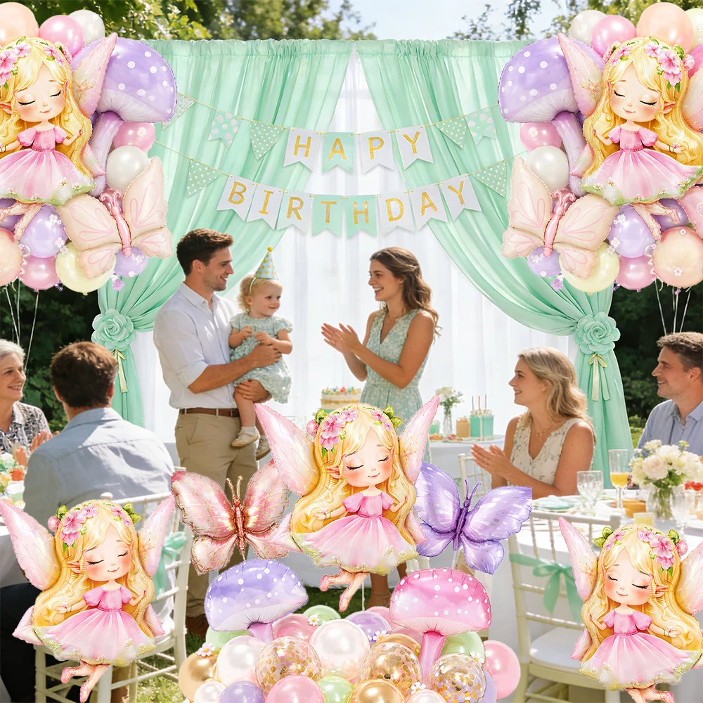 21/24-teiliges Perlmutt-Lila-Rosa Ballonset mit Schmetterling- und Pilz-Folienballons für Babyparty, Prinzessinnen-Geburtstag, Frühlings-Feenparty-Zubehör – Detail 4