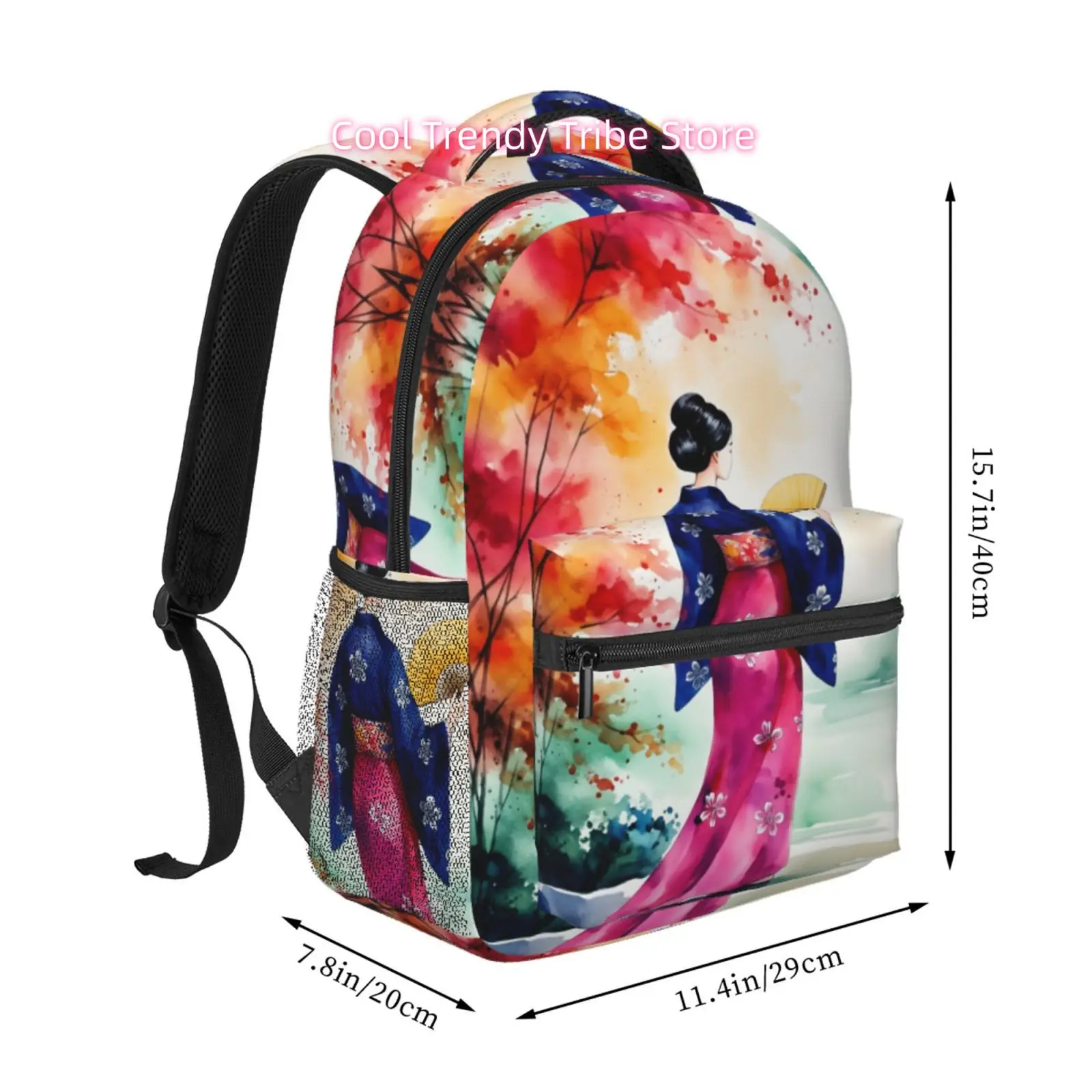 Watercolor Geisha Print Backpack, Adjustable Shoulder Straps, High Quality Oxford Cloth, for Daily Outings, Travel Use
