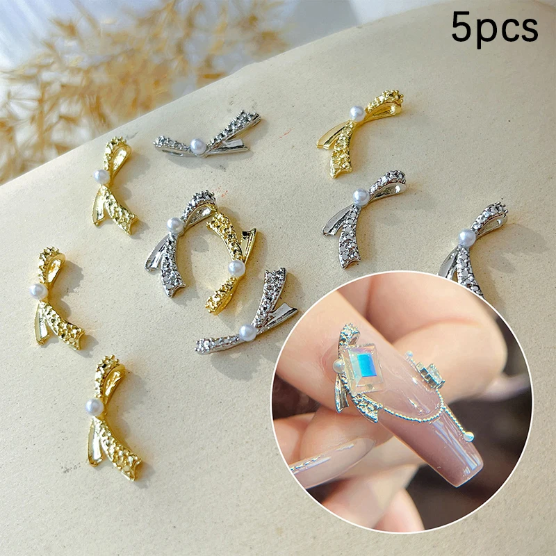 5PCS Vintage Simple Mini Gold And Silver Bow Pearl Inlaid Bowknot Alloy Nail Art Design Rhinestones Decorations Manicure Charms