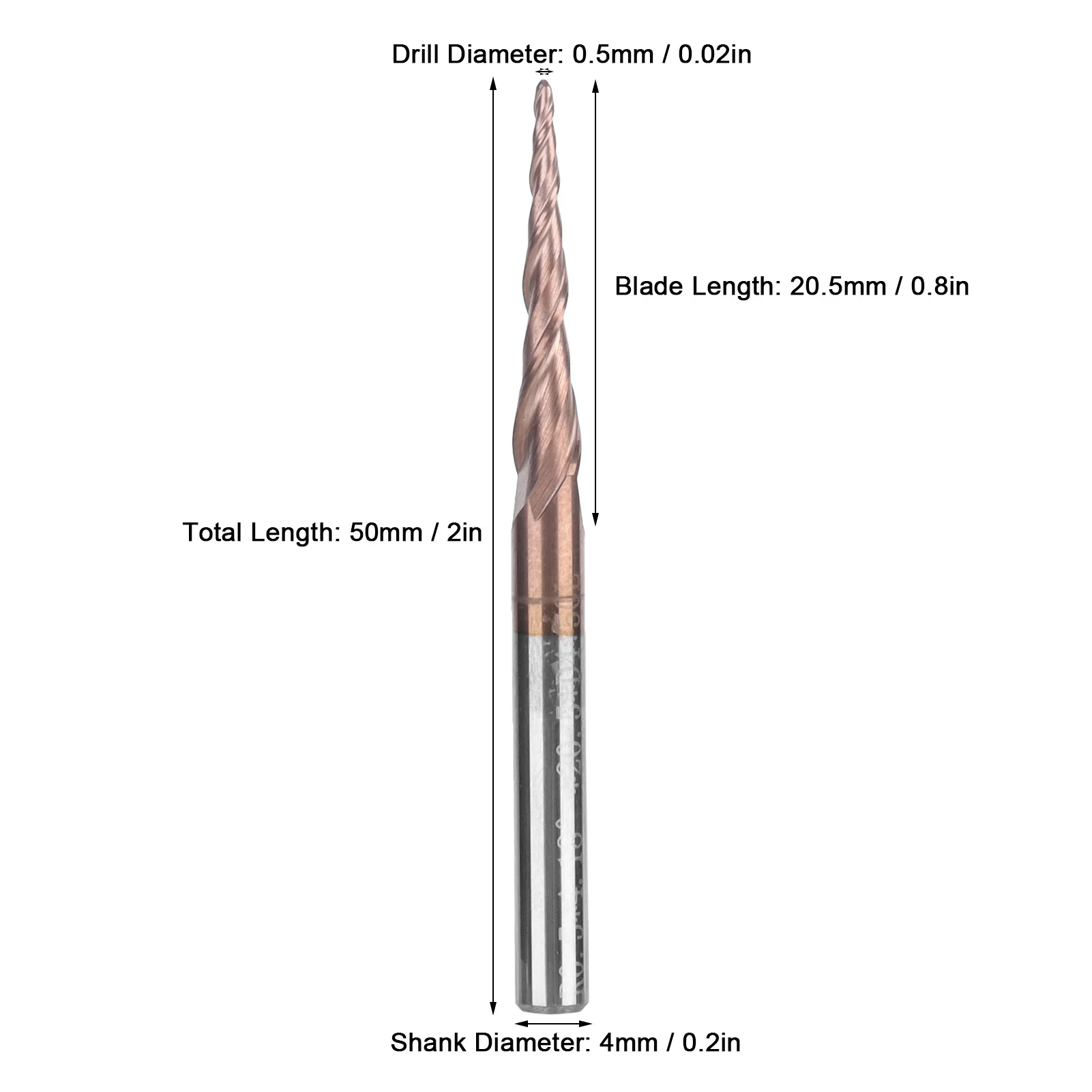 CNC Router Bits End Mill Hardware Tapered Ball Nose End Mill CNC Router Bits Tools Antique Brass Plated 2 Flute R0.5x20.5xD4x50