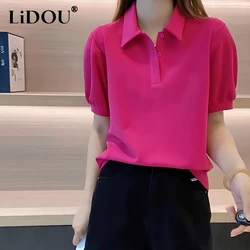 2023 Summer New Solid Color POLO Collar Button Puff Sleeve T-shirt Women Fashion Elegant Sweet Pullovers Ladies Comfortable Tops