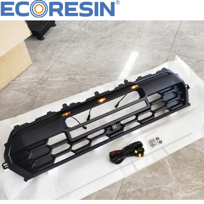 Front Bumper Grille Mesh for 2024 Tacoma Pickup Accessory with DRL LED Strip and 3x Amber LED Marker Lights Non-Destructive
