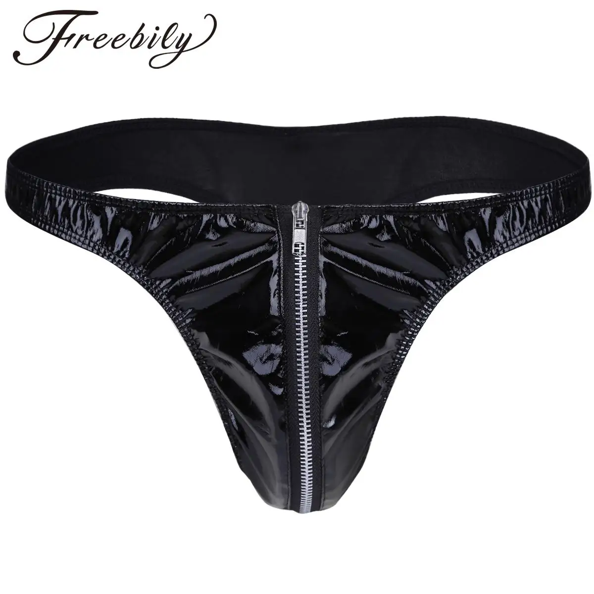 Olhar molhado couro envernizado cueca com zíper para homens, cuecas biquíni, cuecas sexy, tanga fio-dental, lingerie, pijamas, boate clubwear